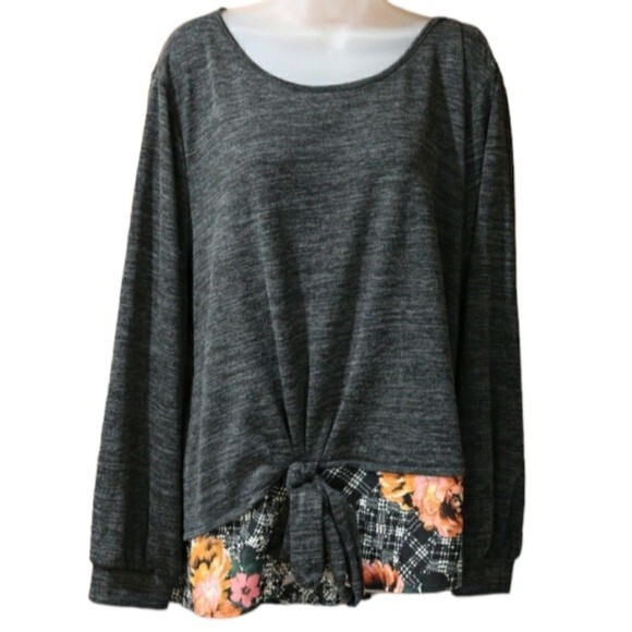 Avenue Gray Pullover Oversized Sweater with Tie Front Layered Look Pop Of Color - Picture 1 of 11